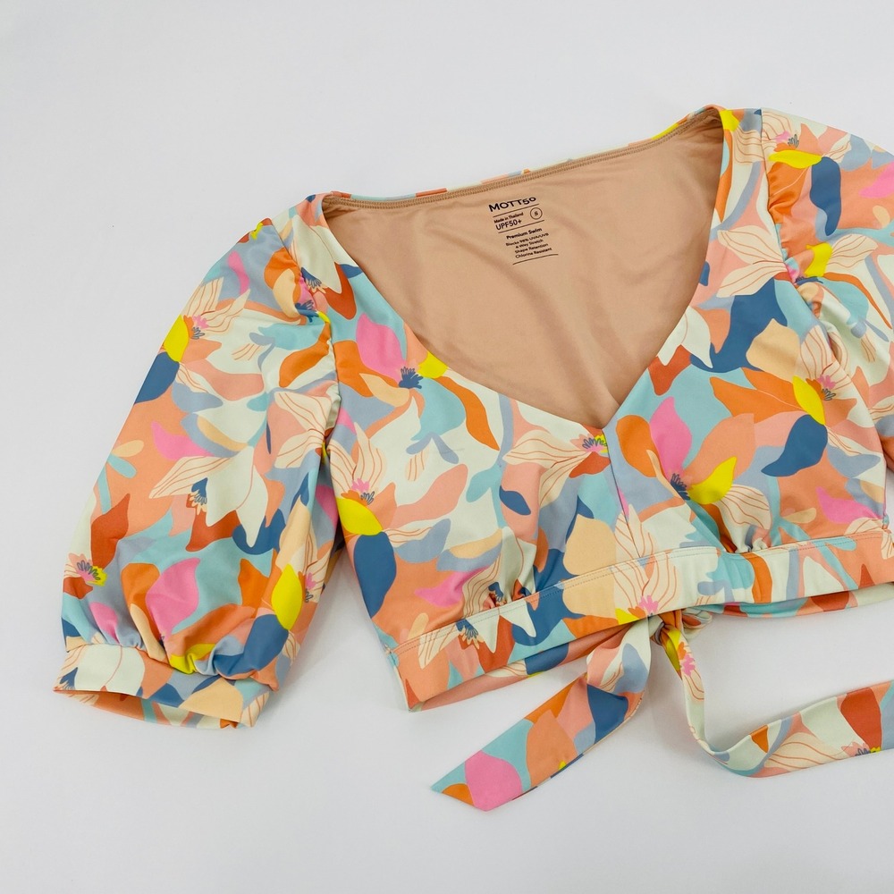 MOTT50 Swim Top Womens Small Multicolor Floral Puff Sleeve UPF 50 Tie Back Boho